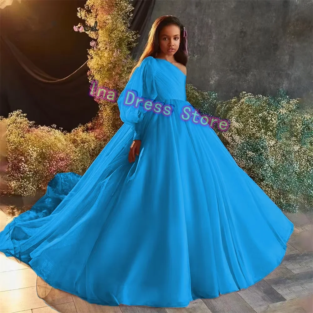 

Elegant One Shoulder Blue Tulle Fluffy Evening Dresses Flower Girl Dress For Little Girls Wedding Birthday Ball Party Gowns