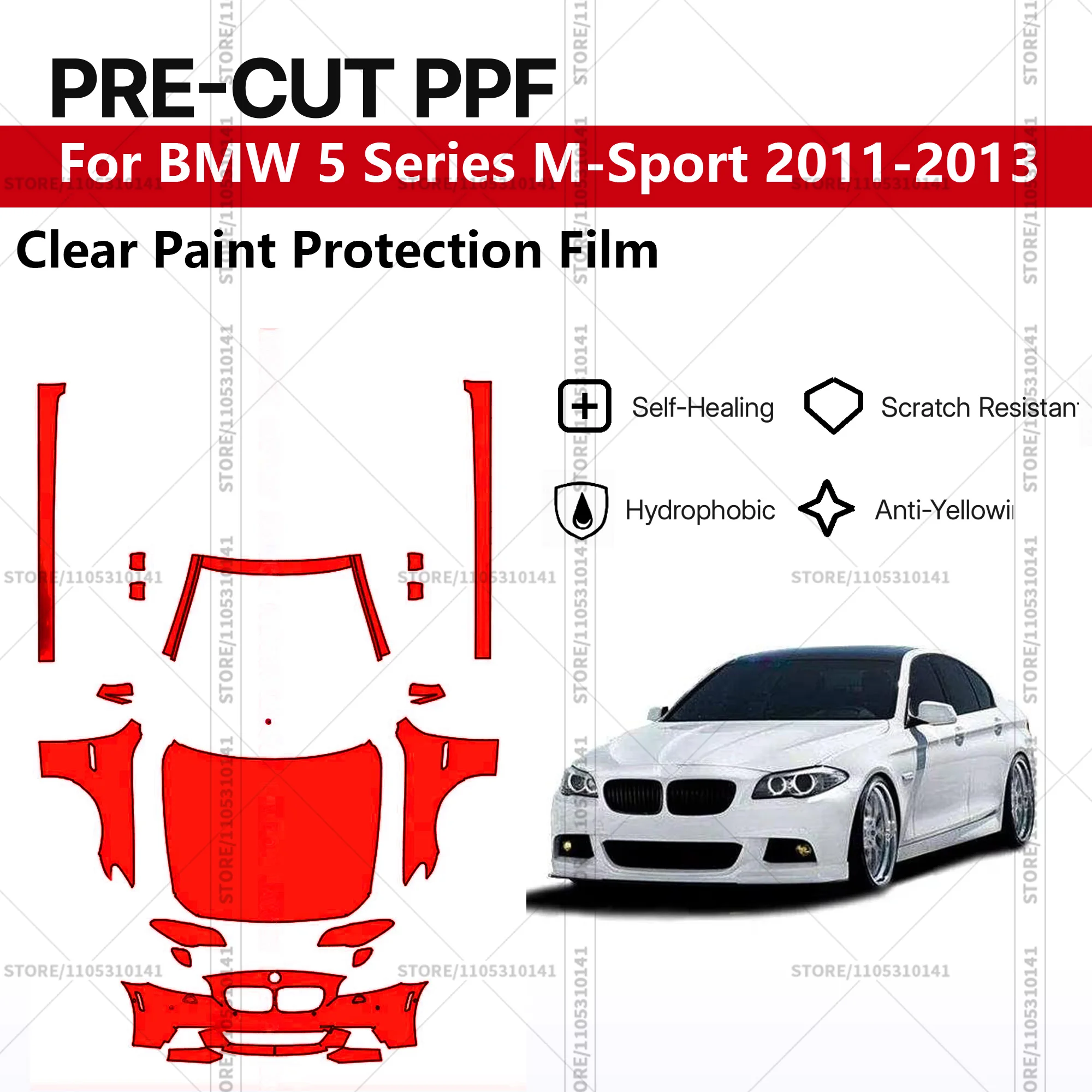 

Для BMW 5 серии M-Sport 2011-2013: Предварительно вырезанная прозрачная защитная пленка (PPF) для автомобиля, комплект для передней части и порогов.