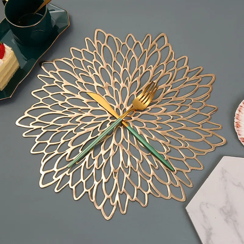 PVC Hibiscus Bronzing Placemat Coaster Set Heat Resistant Hollow Insulation Table Mat for Dining Kitchen Christmas Decor Gift
