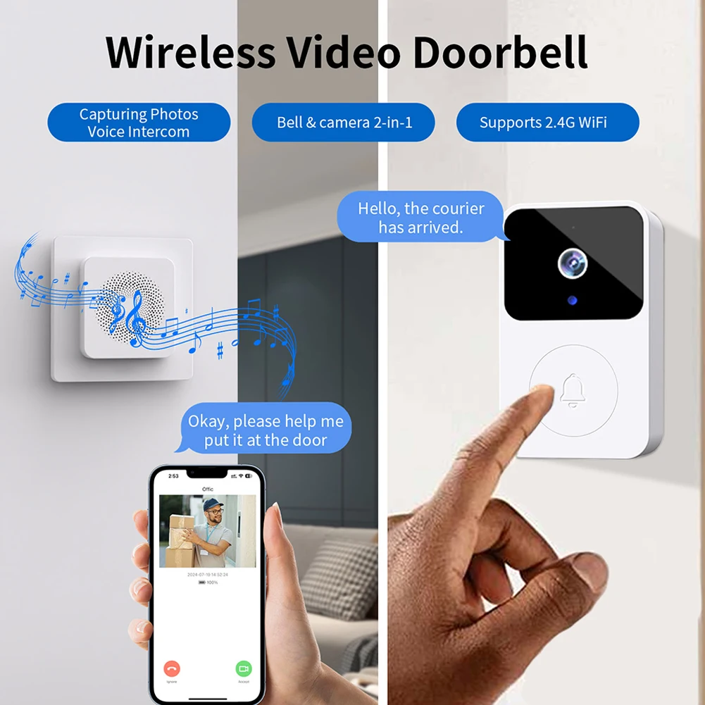 2.4GHz WiFi Wireless Video Doorbell Camera Night Vision Wireless Visual Intercom Doorbell Two-way Intercom for Home Security