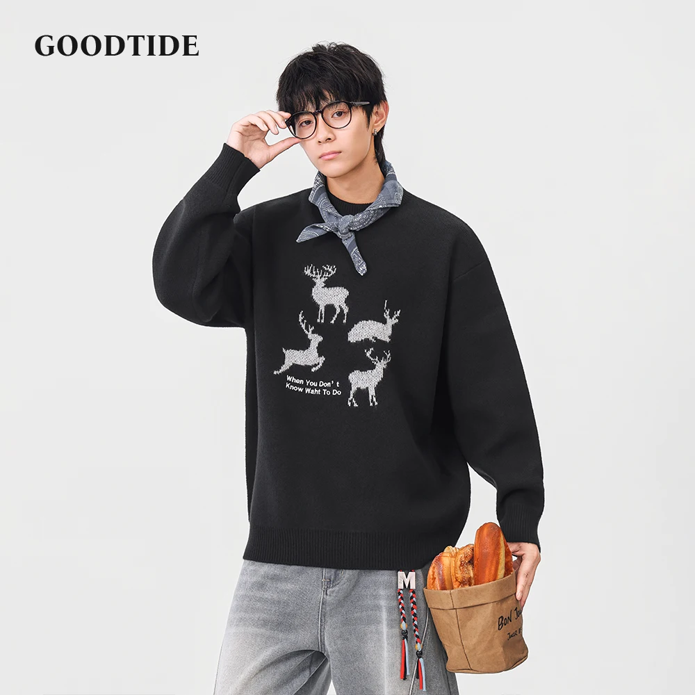 Fashion Men's Casual Crew Neck Sweater 2025 Winter Deer Pattern Letter Print Knitted Pullover Comfortable Soft Long Sleeve Top