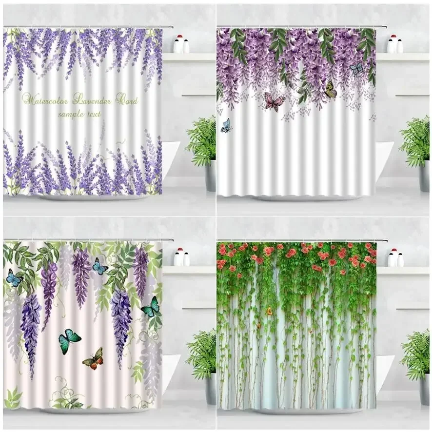 Butterfly Flower Shower Curtain Purple Floral Lavender Vine Watercolor Leaves Plant Bath Curtains Print Cloth Bathroom Decor Set