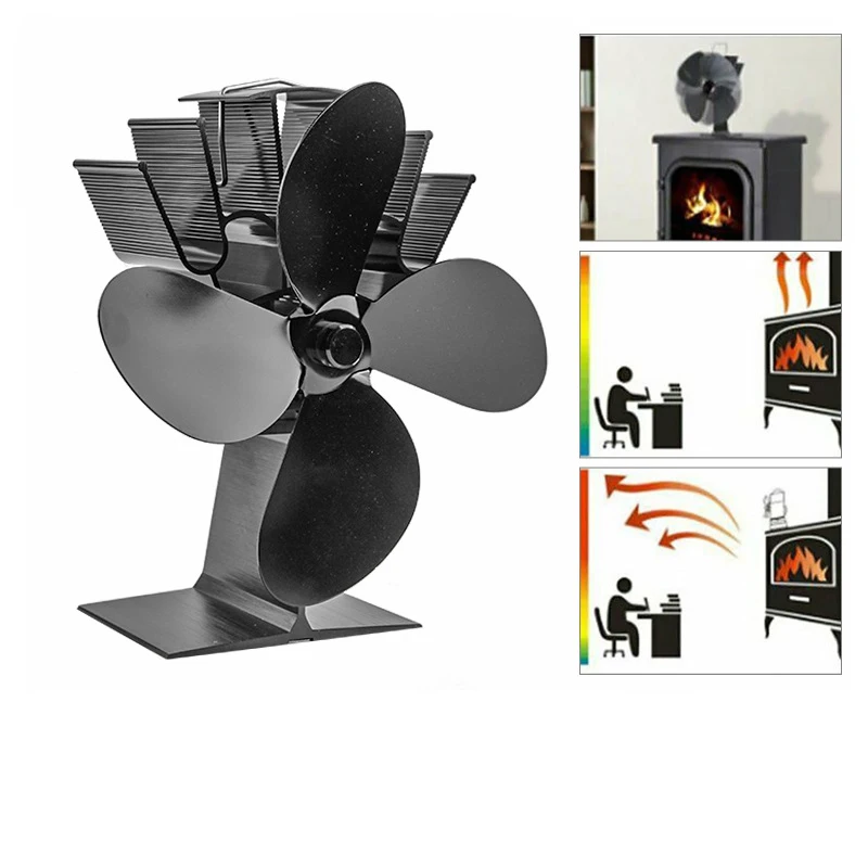 Ventilateur de poêle à 4 pales, poêle à bois 62 bûches, ventilateur de cheminée, cuillère à soupe, silencieux, chauffage domestique, réchauffeur d'hiver, distribution efficace de la chaleur