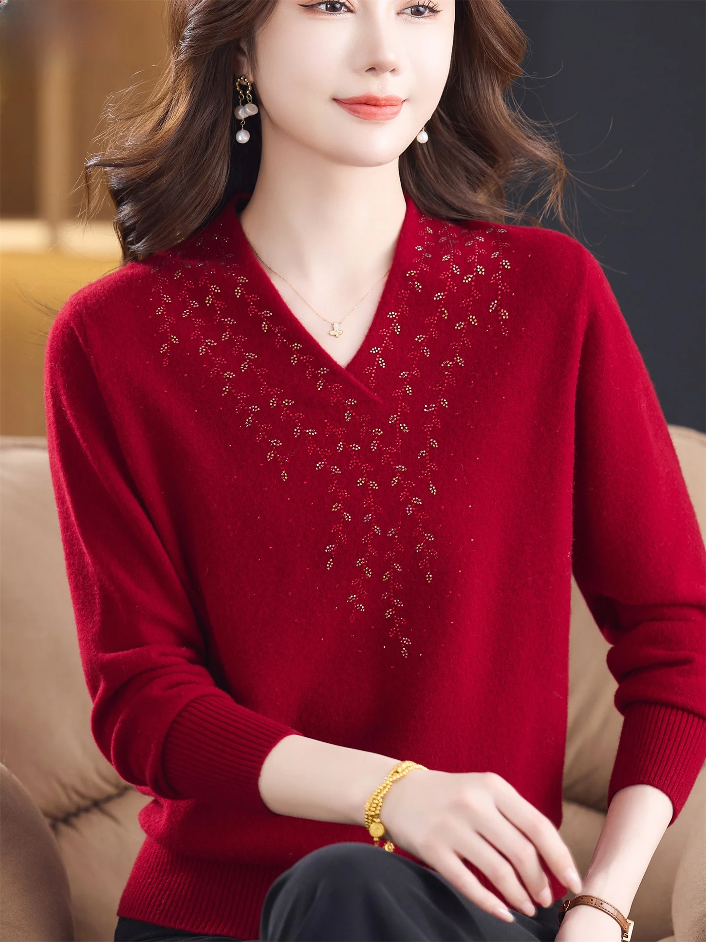 

Thiened 00 Pure Wool Sweater Women's V-ne Autumn Winter Warm Faionable Base Layer irt for Middle-aged And ly