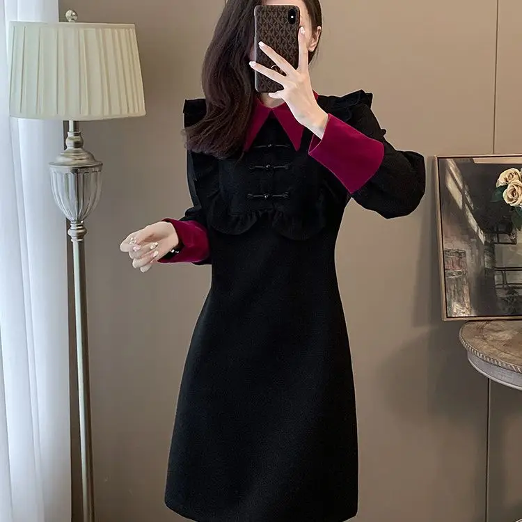 Novo estilo chinês vestido de botão feminino outono inverno coleção emagrecimento e elegante bela camada inferior sob vestidos