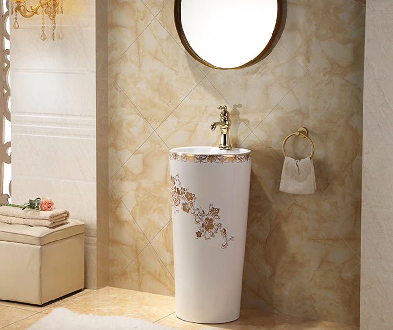 

European-style classical ceramic floor-type gold washbasin column-type washbasin toilet column basin washbasin