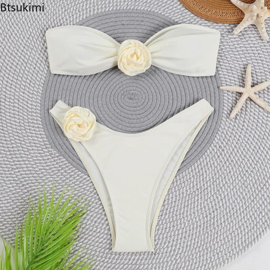 New Bandeau Bikini Front 3D Flower Flower Decoration Swimwear Women High Waist Solid Swimsuit Sexy Beachwear Bathing Suit Summer