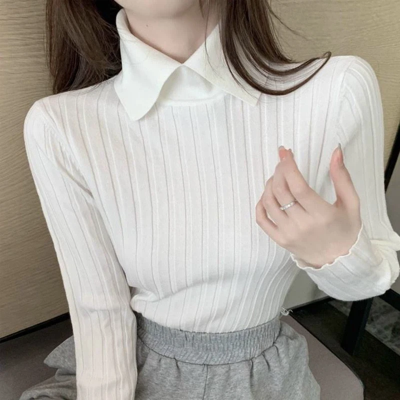 Women Korean Fashion Elegant Polo Collar Ribbed Knitted Sweater Autumn Winter Solid Long Sleeve Slim Pullover Tops Basic Jumper