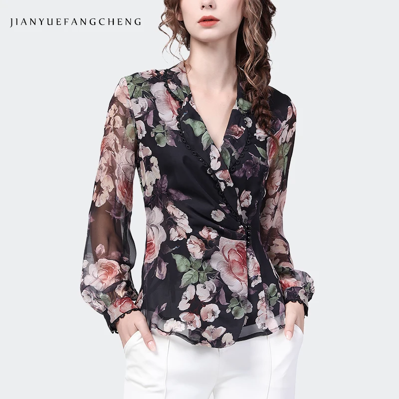 2024 Spring New Women\' Long Sleeve Floral Chiffon Top Fashionable Slim Printed Button Shirt Vintage V-Neck Casual Female Blouses