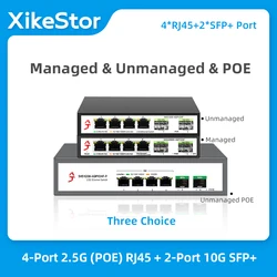 XikeStor POE 이더넷 네트워크 스위치, 팬 없는 플러그 앤 플레이, 6 포트 L2 관리 및 비관리, 2.5G RJ45 포트, 10G SFP + 슬롯 스위치