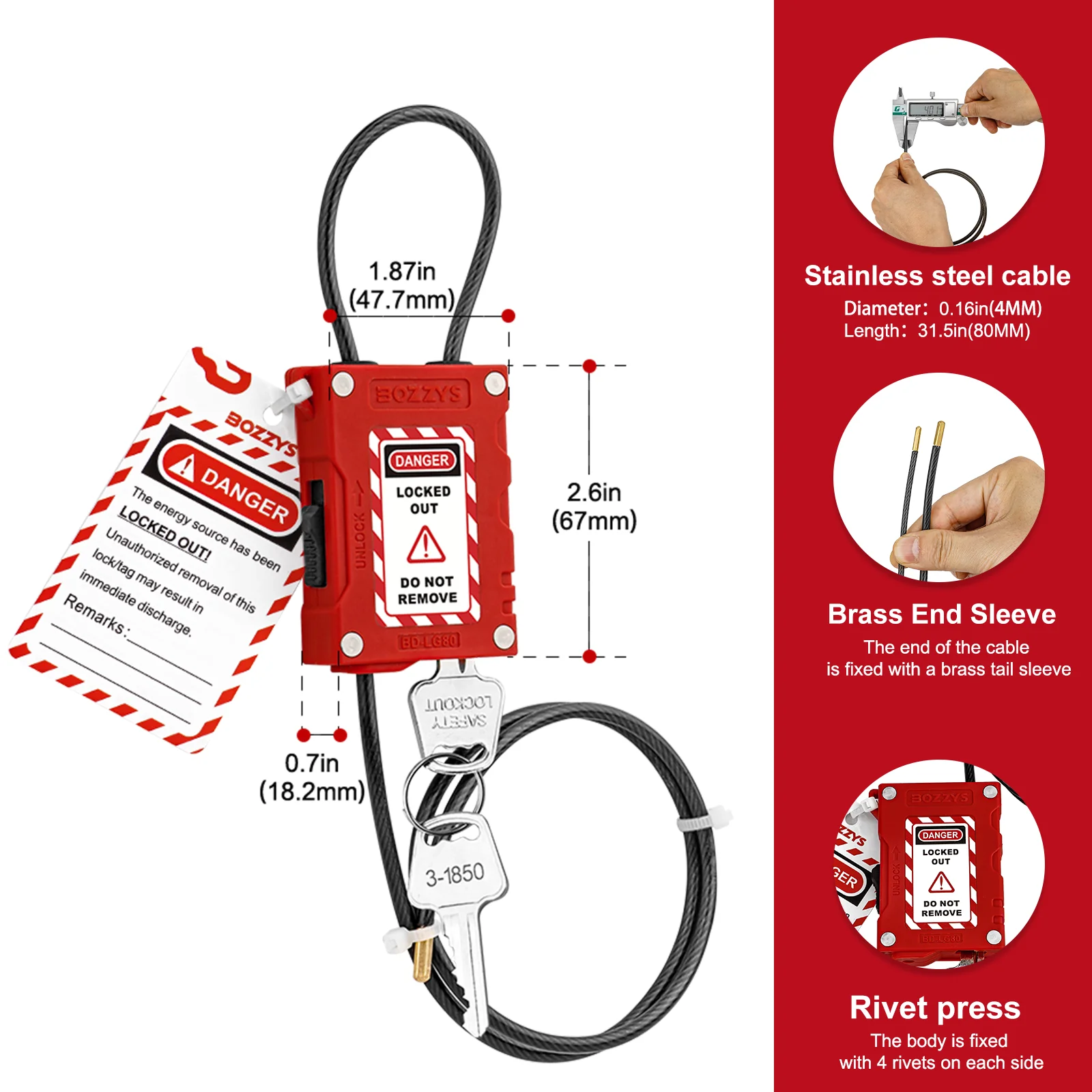 BOZZYS Lockout Tagout Adjustable Cable Padlock with 4MM Diameter Cable for Warning and Overhaul of Industrial Equipment