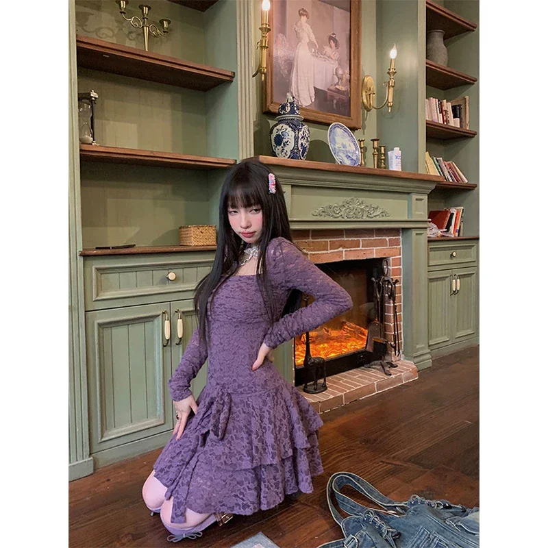 

Lace Mini Dress Women Vintage Ruffles Black Tunic One Pieces Dresses Party Prom Square Collar Long Sleeve Vestidos E7226