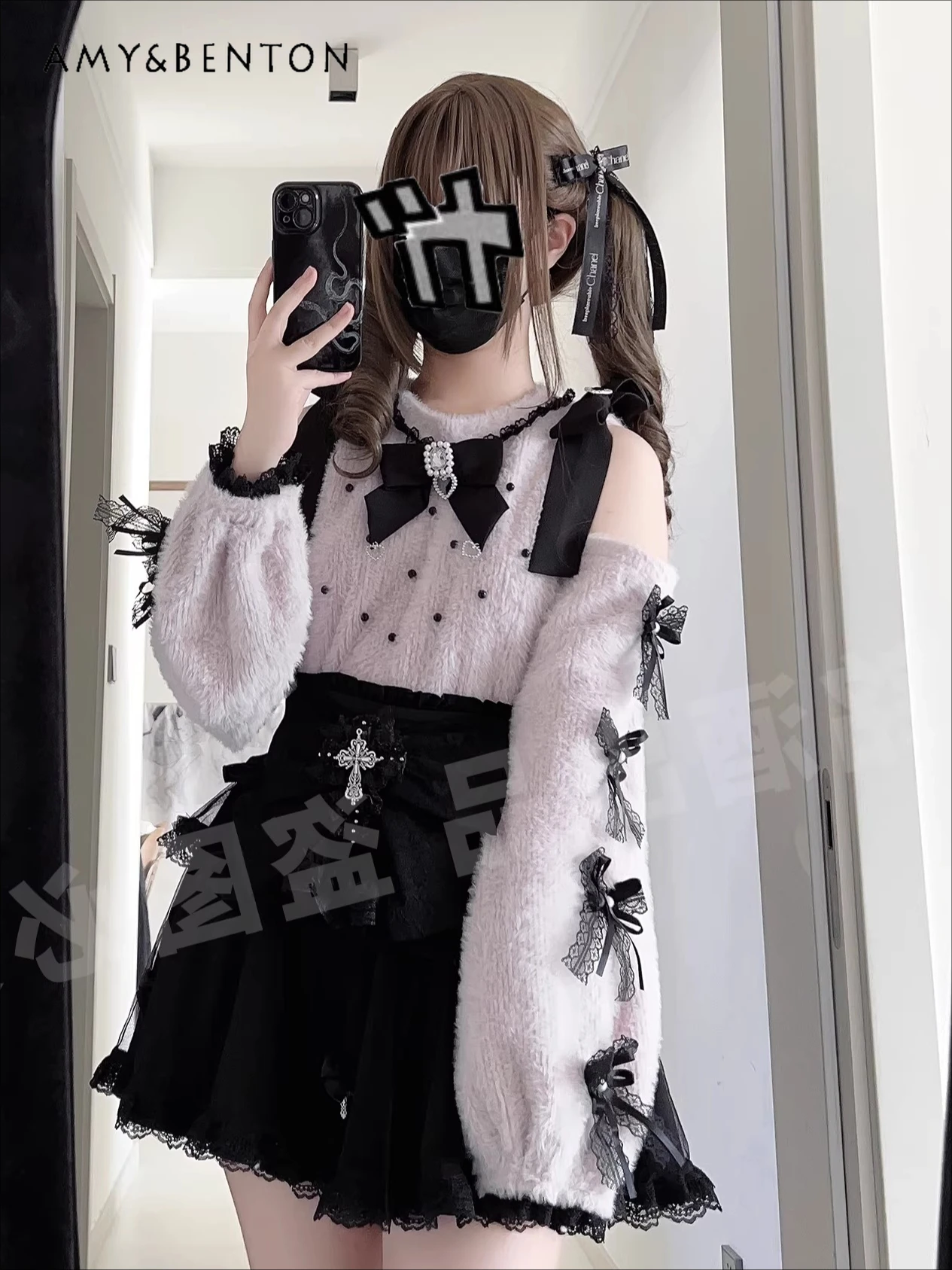 

Y2K Subculture Mine Series Cute Watercolor System Short Off-Shoulder Long Sleeve Sweater High Waist Mini Skirt Two-Piece Set