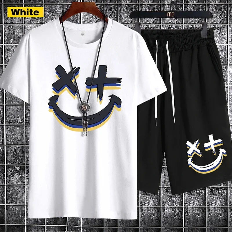 

Trendy Smile Face Printed Tracksuit Sets Men Short Sleeve T-shirt Suit Ice Cool Quick Dry Loose Basketball Sports 2 Piece Set