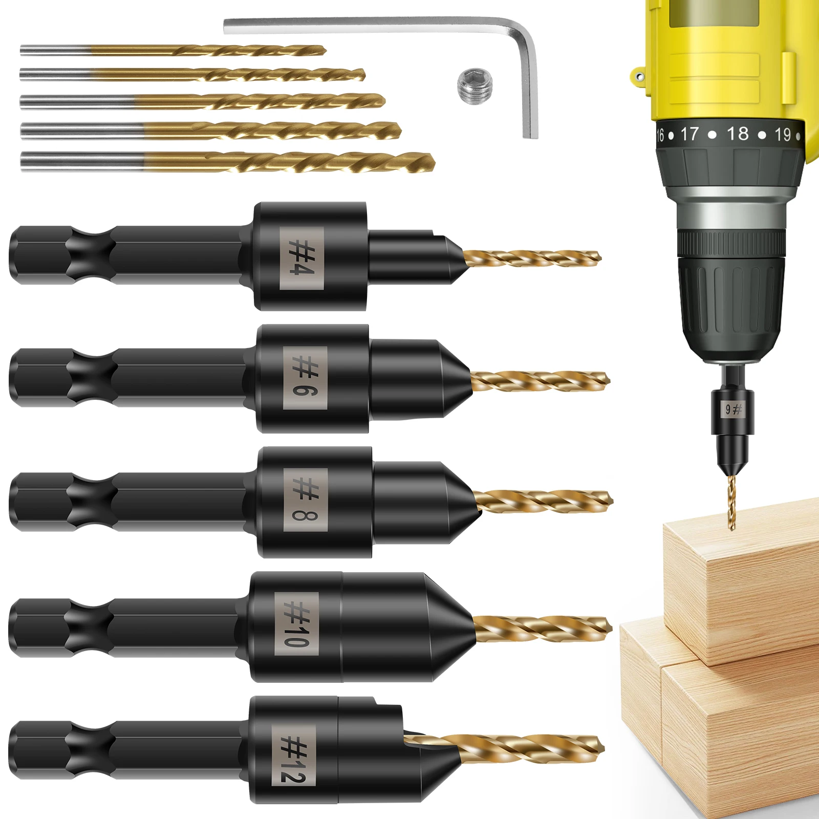 

Набор сверл с зенковкой, регулируемый # 4 # 6 # 8 # 10 # 12-дюймовое сверло с хвостовиком 1/4 дюйма для деревообработки и столярных работ