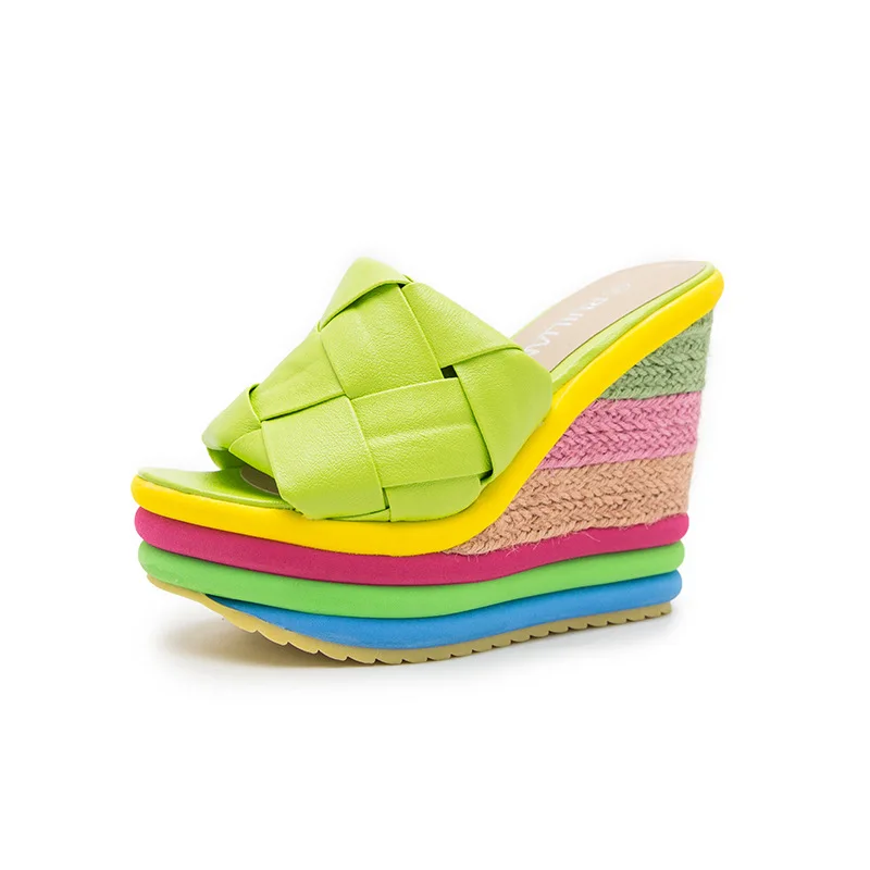 13cm Lady Straw Heel Slippers Summer Color Outdoor Party Dress Slippers Women Platform Wedges Slip on Brand Shoes Woman