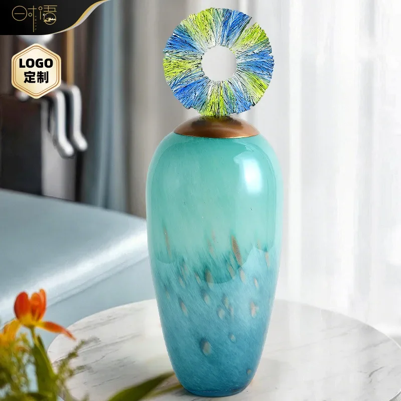 DSA large diameter glass vase ornament with lid resin living room flower arrangement new Chinese entrance flower device retro