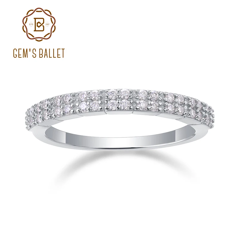 GEM'S BALLET 925 Sterling Silver Round Cut Moissanite Half Eternity Wedding Band Micro French Pave Set Dual Row Bridal Ring