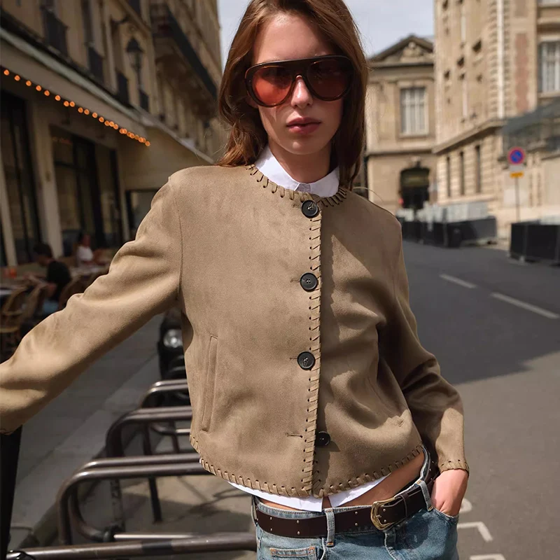 

Женская трикотажная круглая верхняя одежда в стиле ретро Sle из искусственной кожи с покрытием, Новое поступление, осень 2022, длинная застежка на пуговицы све