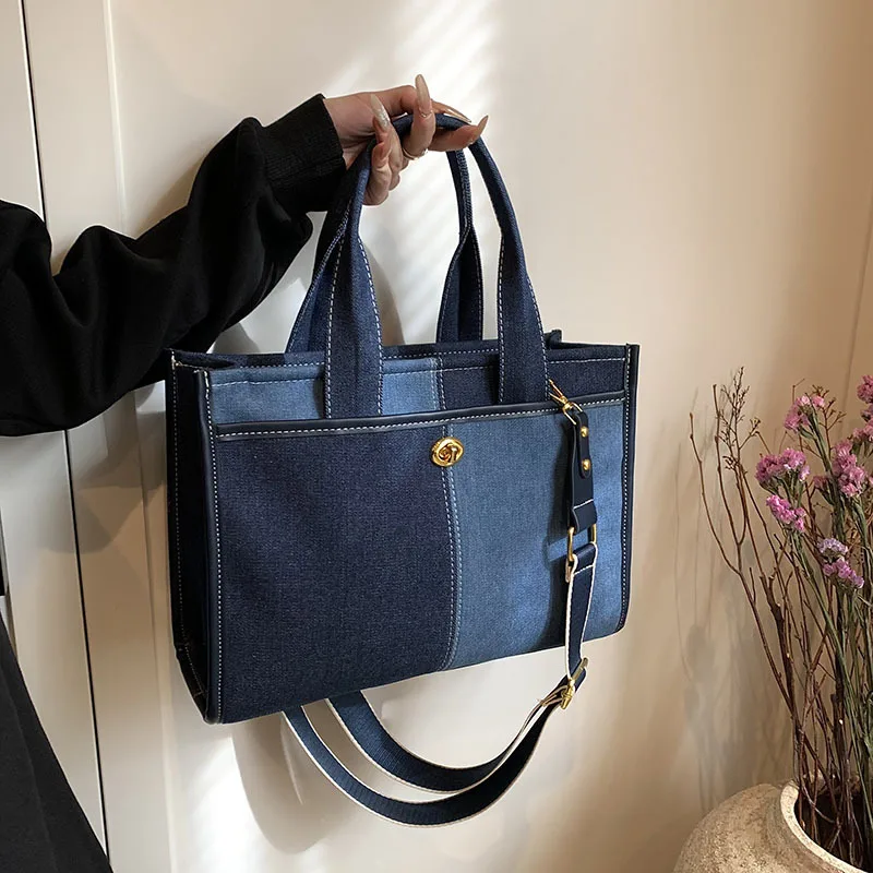 2024 New Fashionable Contrast Color Crossbody Tote Bag Spliced Denim Handbag Women\'s One Shoulder Commuter Casual Crossbody Bag