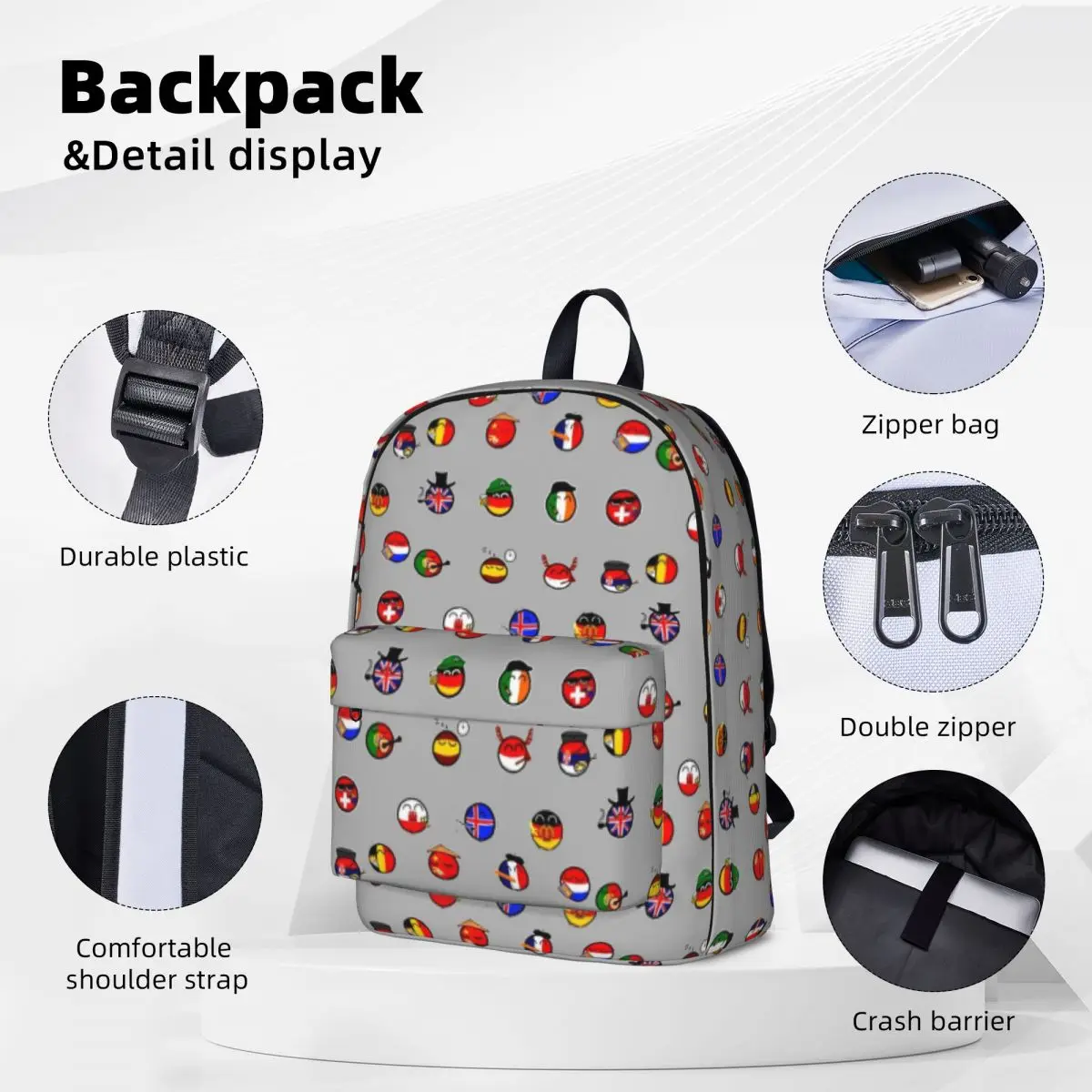 Countryballs Pack Backpack Cartoon Funny Male Polyester College Backpacks Durable Streetwear School Bags Rucksack