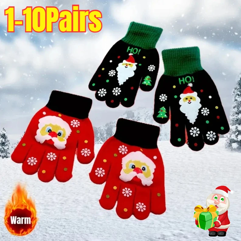 1-10Pairs Christmas Touchscreen Thermal Knit Gloves Five Finger Soft Warm for Kids Adults Winter Hand Accessories Gift