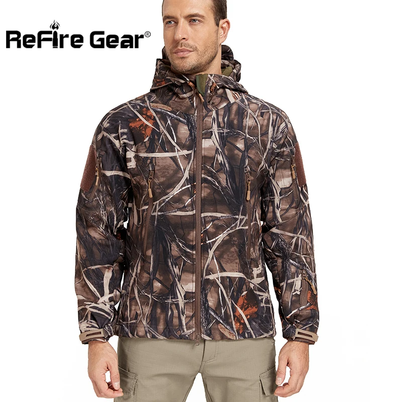 Men's Quiet Hunting Jacket Waterproof Softshell Fleece Lined Camouflage Coat Warm Windproof Outdoor Hiking Fishing Camo Jacket
