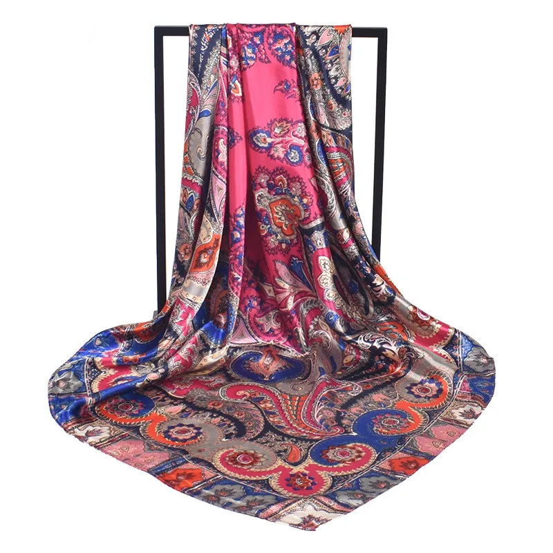 Handkerchiefs Hair Silk Scarf 90*90cm Print Satin Big Square Silk Scarves Shawls For Women Luxury Brand Ladies Hijab Headband