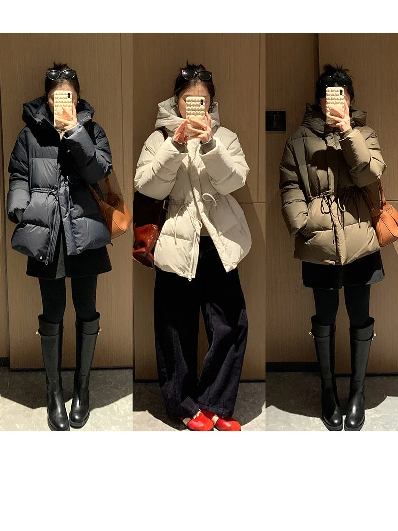 

HuaZongYa Autumn Winter New Sle Multi-Color Waist-Cinching Mid-Length Hooded down Jaet Warm Loose 90% White Du down