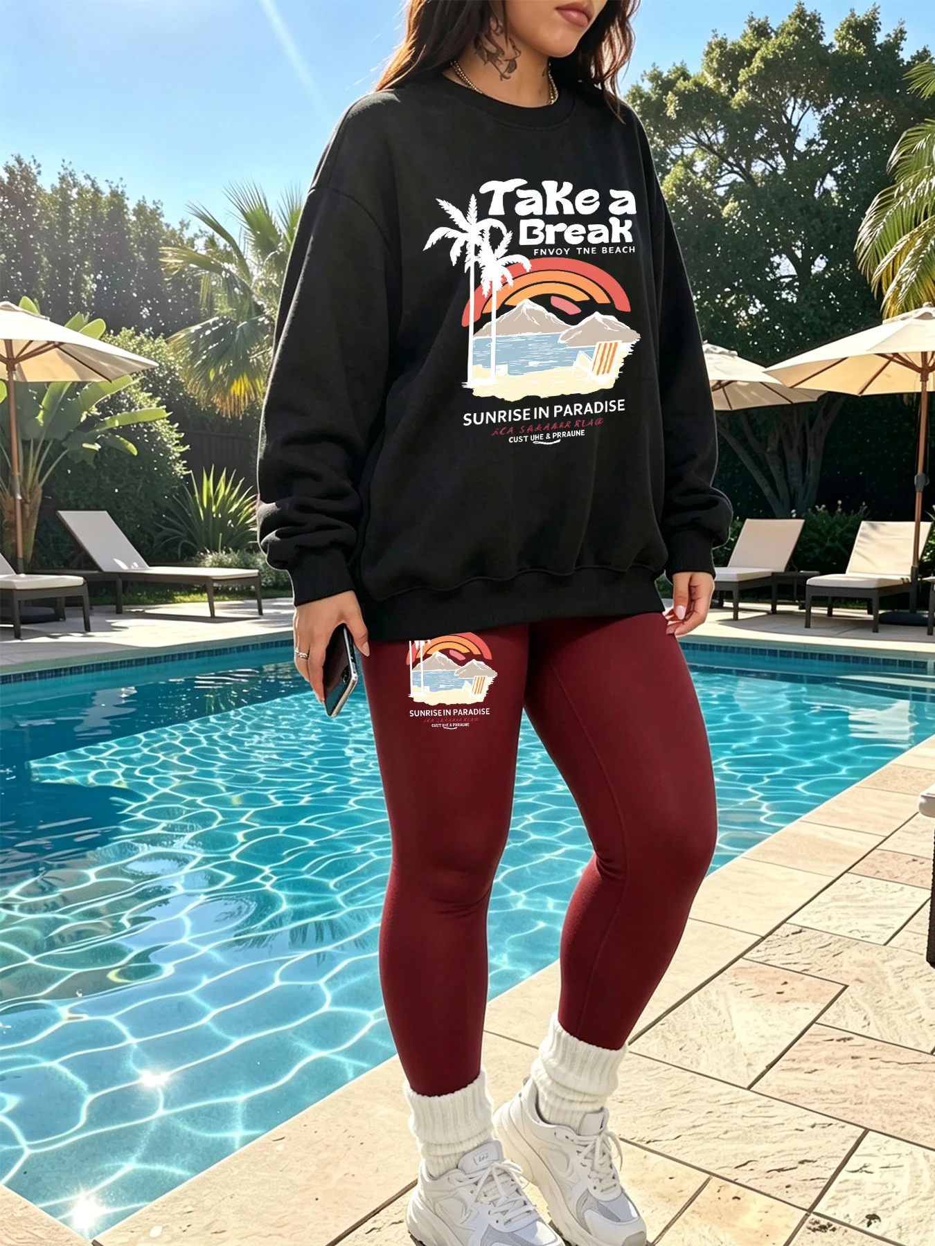 Take A Break Beach Mountain Coconut Tree Pattern Sweatshirt Set Women Autumn Thicken Leggings Y2K Pants Fleece Crewneck Pullover
