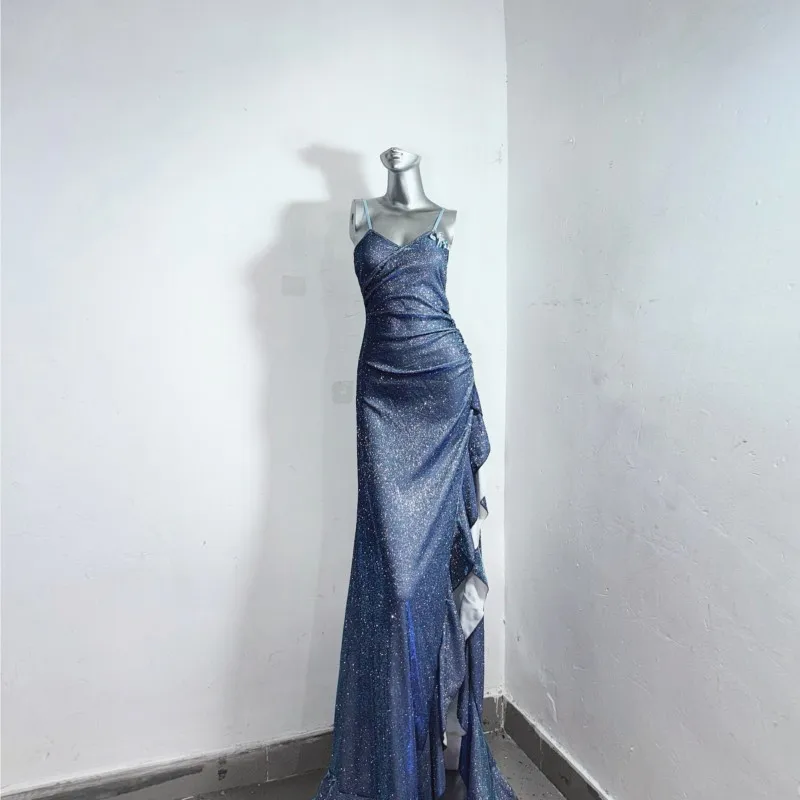 

Blue sequined slit fishtail floor-length dress