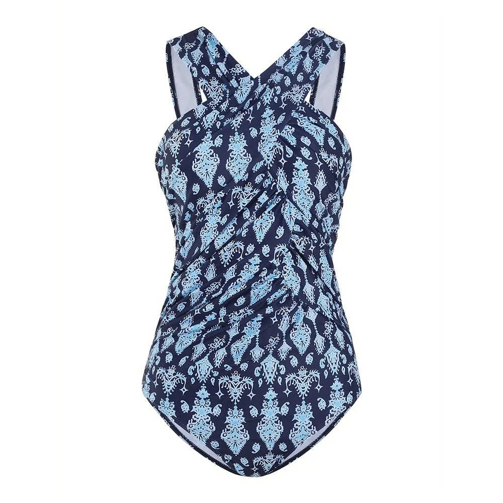 Women Swimsuit Plus Size Modest Swimwear Cross Front Swimsuit Halter Neck Ruched Waist Swimwear Navy Blue Woman Tankinis view 3