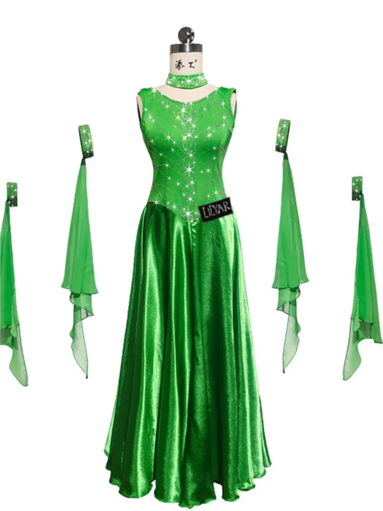 New Modern Dance Skirt Performance Competition Performs Adult Female Green Sleeveless Sparkling Diamond Long Backless