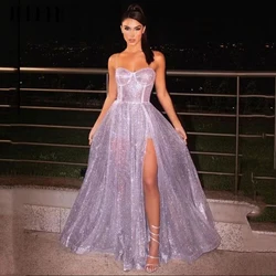 Jeheth sexy vestido de baile púrpura brillante dama espagueti con la palabra a dulce vestido JEHETH-vestido de fiesta de tul con tirantes finos para mujer, traje de noche púrpura brillante, corte en A, abertura lateral