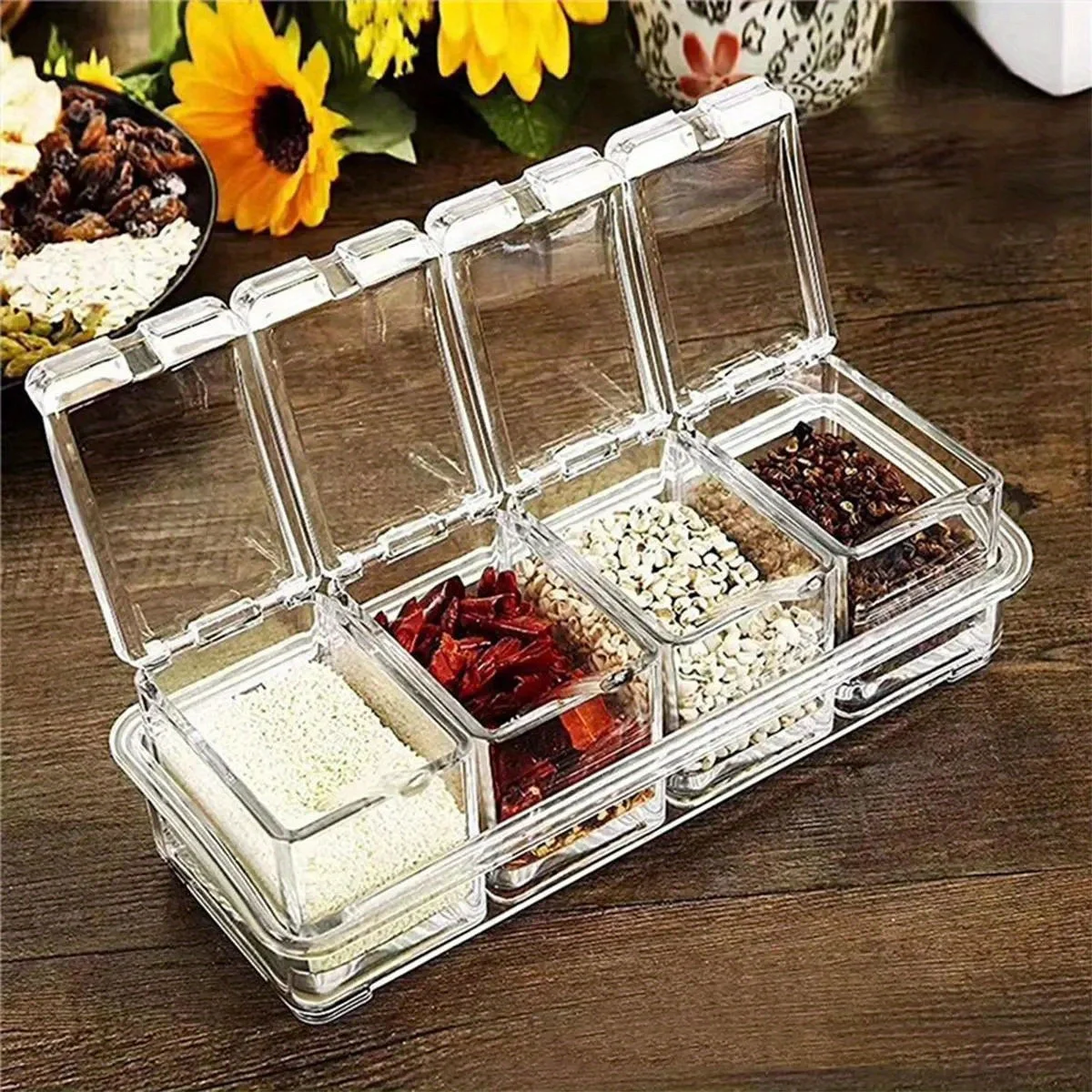 Seasoning Container Set - 4 Piece Spice Pots with Spoon and Rack, Crystal Seasoning Box Accesorio cocina fregadero Spice racks