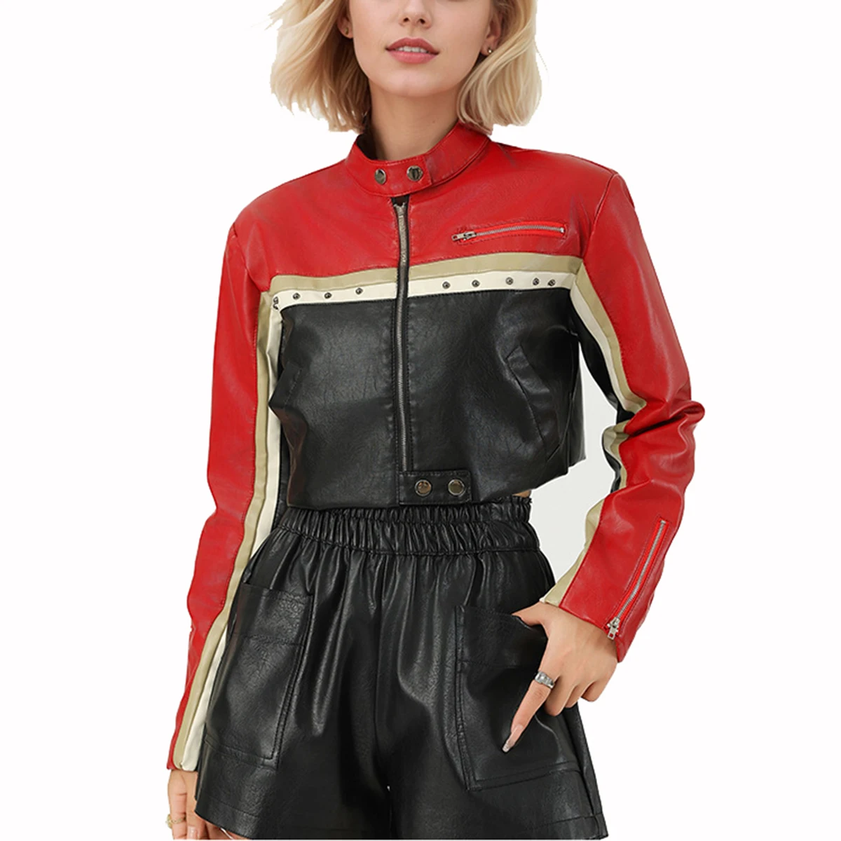 Giacca da donna in ecopelle primavera autunno nuova punk moto Core Color Block cerniera con borchie dettaglio crop cappotto corto in PU capispalla corto