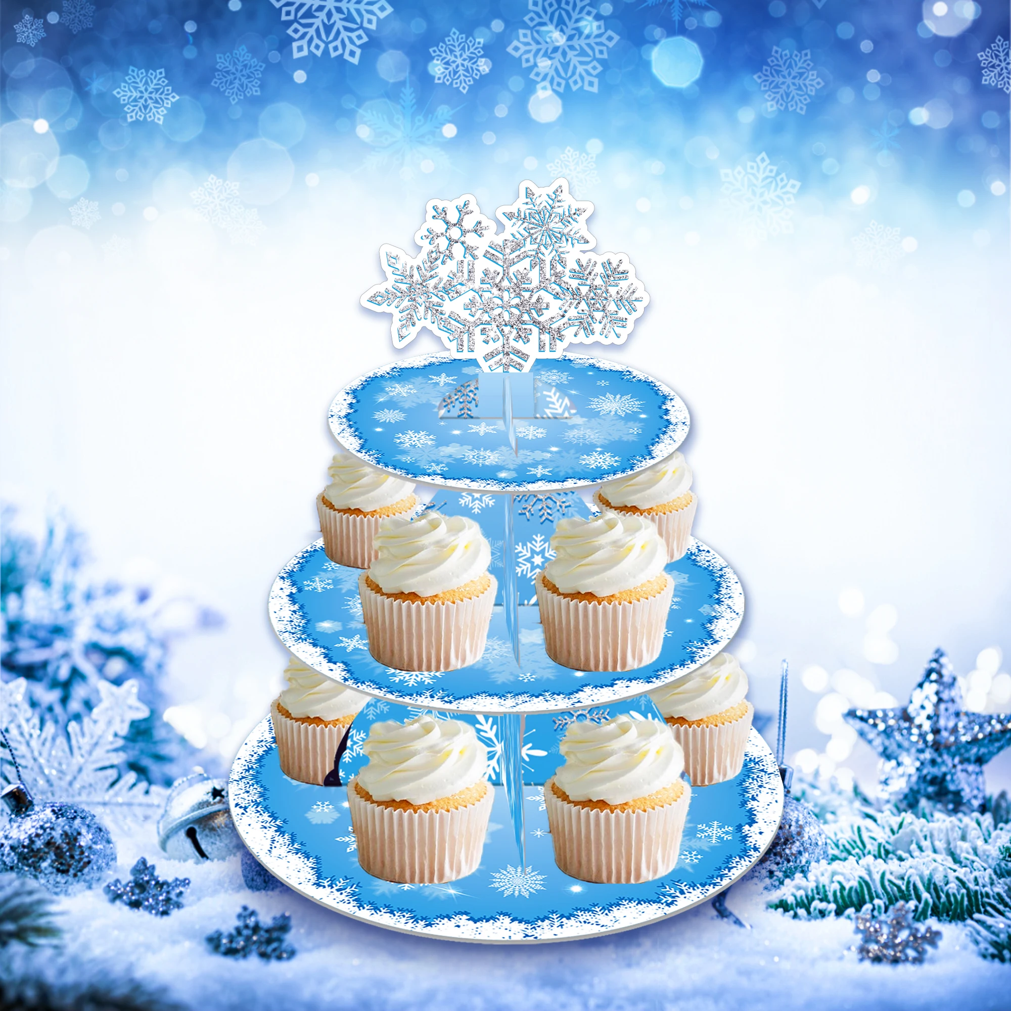Cupcake Stand Tier - 3-stufiger blauer Schneeflocken-Kuchenständer im Winter-Frozen-Stil, Desserthalter