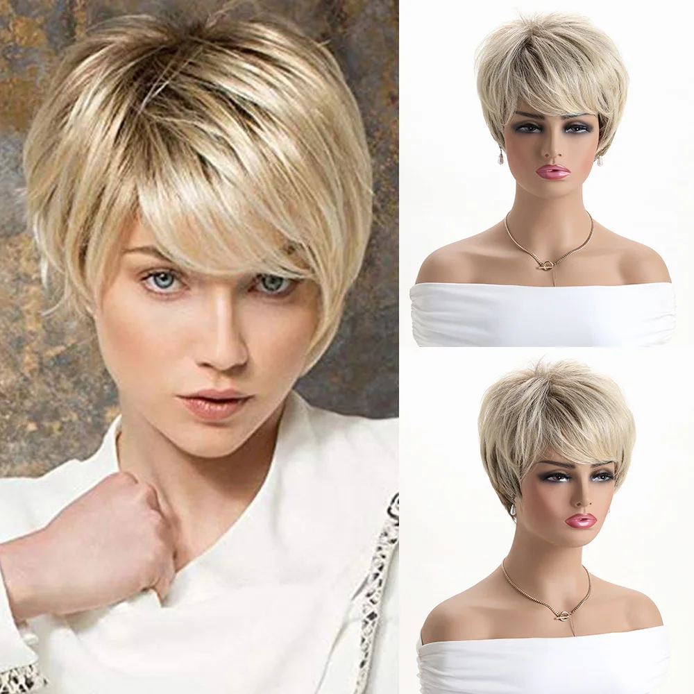 شعر مستعار اصطناعي قصير أشقر مستقيم بوب هيربيسي ذو مظهر طبيعي للنساء أزياء الحفلات التنكرية للاستخدام اليومي #1