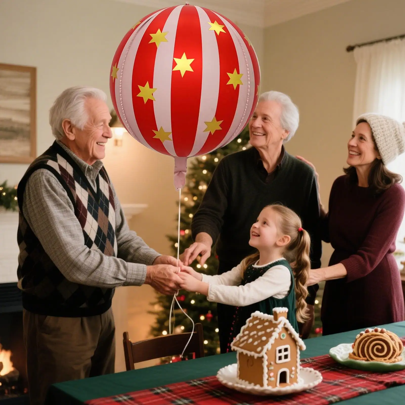 بالون من طبقة الألومنيوم بنجمة مخططة مقاس 22 بوصة 4D مع كرات حمراء وخضراء يمكن أن تطفو في الهواء لعيد الميلاد وأعياد الميلاد