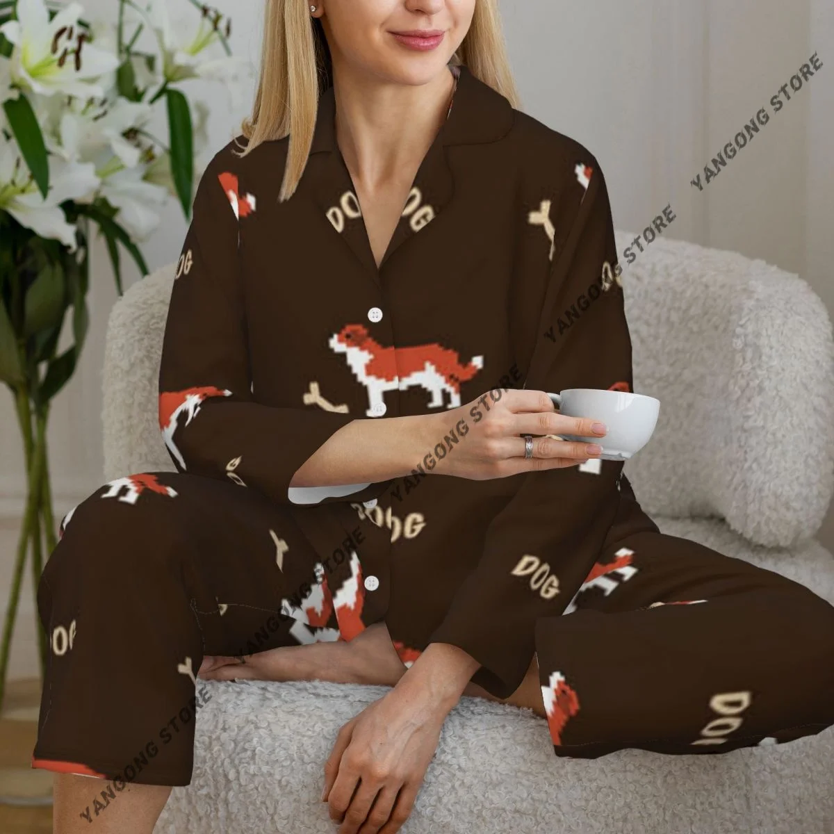 

Spring and Autumn Long Sleeve Pants Pajamas Loungewear Set Dog Cartoon Women's Pull Edge Loose Sleeping Suit