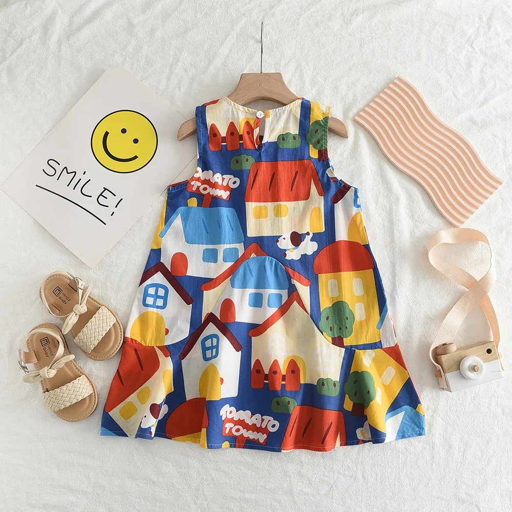 Korean Version of Summer New Girls' Clothes Wide Cartoon Pattern Printed Sleeveless Vest Dress Fashionable and Casual