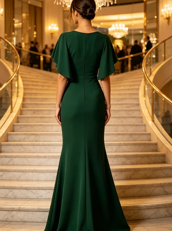 Women V‑Neck Flutter Sleeve Mermaid Evening Gown Twist Front High Split Formal Maxi Party Dress