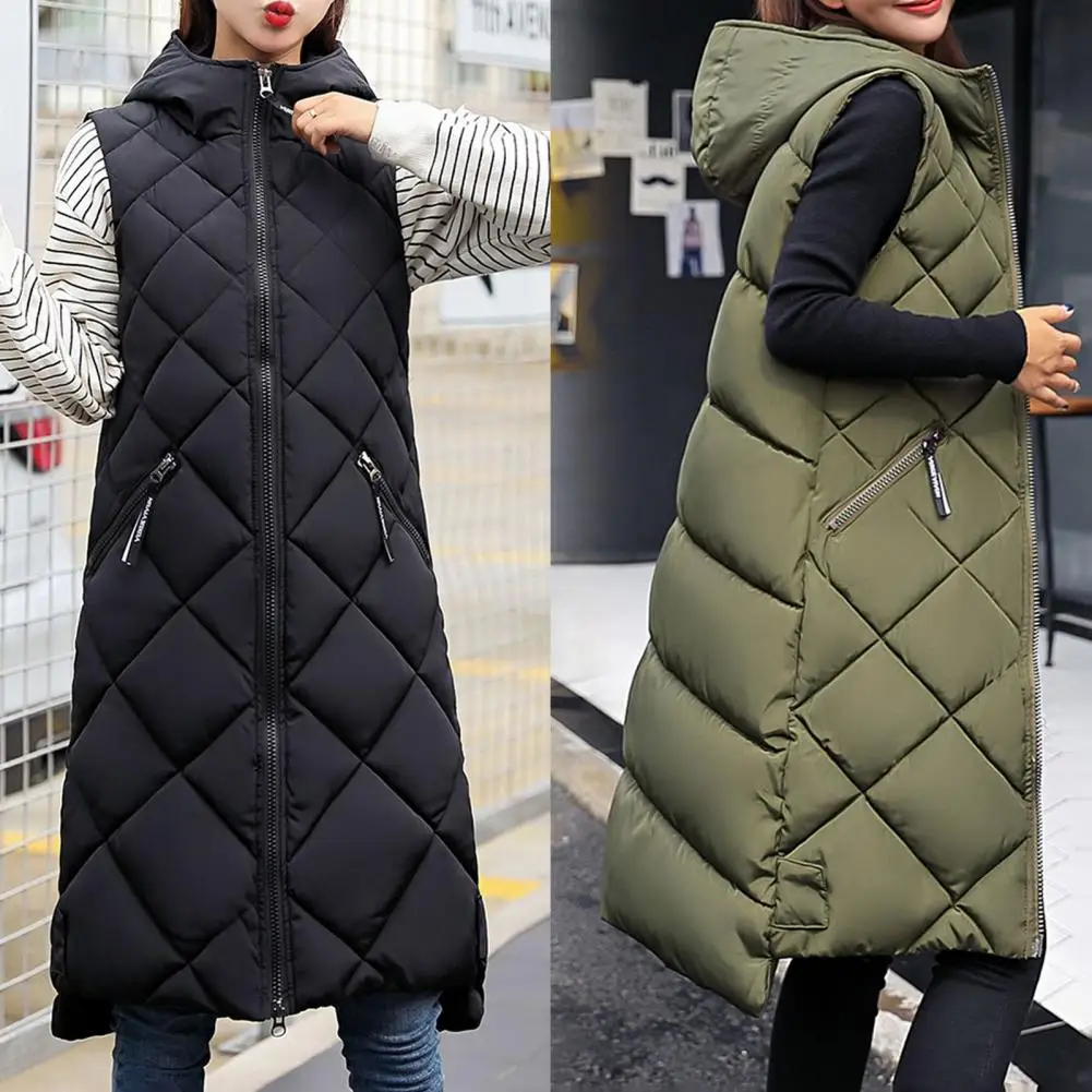 Autumn Winter Women Long Parkas Vest Warm Black Zipper Hooded Down Coat Parka Ladies Sleeveless Waistcoat Jacket Outwear