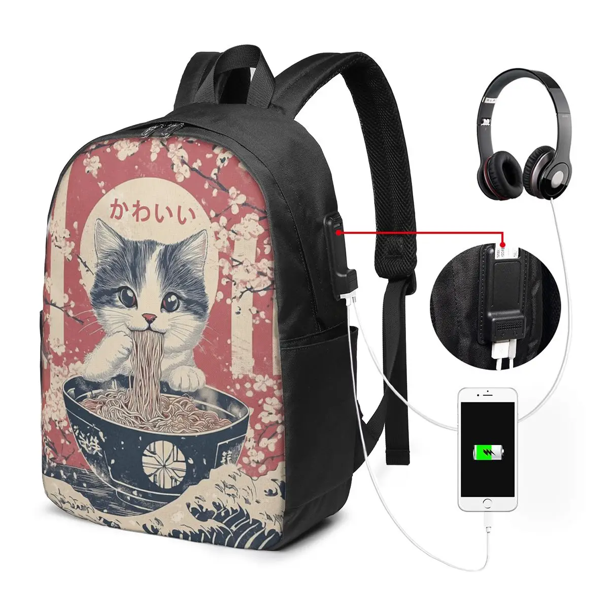 Japanese Cat Eating Ramen Backpack Travel Notebook Bag Computer College Student School Bag Laptop Shoulder Bags for Men Women