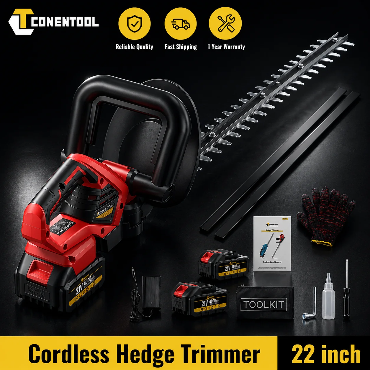 Image of CONENTOOL 15000 U/min Elektrischer Heckentrimmer Hocheffizienter 22-Zoll Kabelloser Garten-Strauchschneider Handgehaltener Heckentrimmer für Zuhause