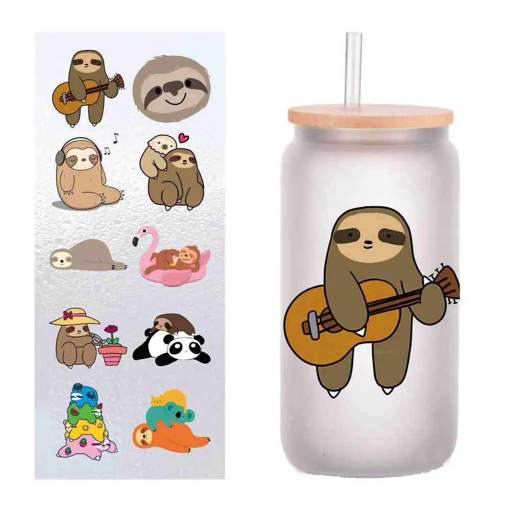 

10 PCs/Pack cartoon animal sloth UV transfer sticker Crystal label glass sticker customized four inches