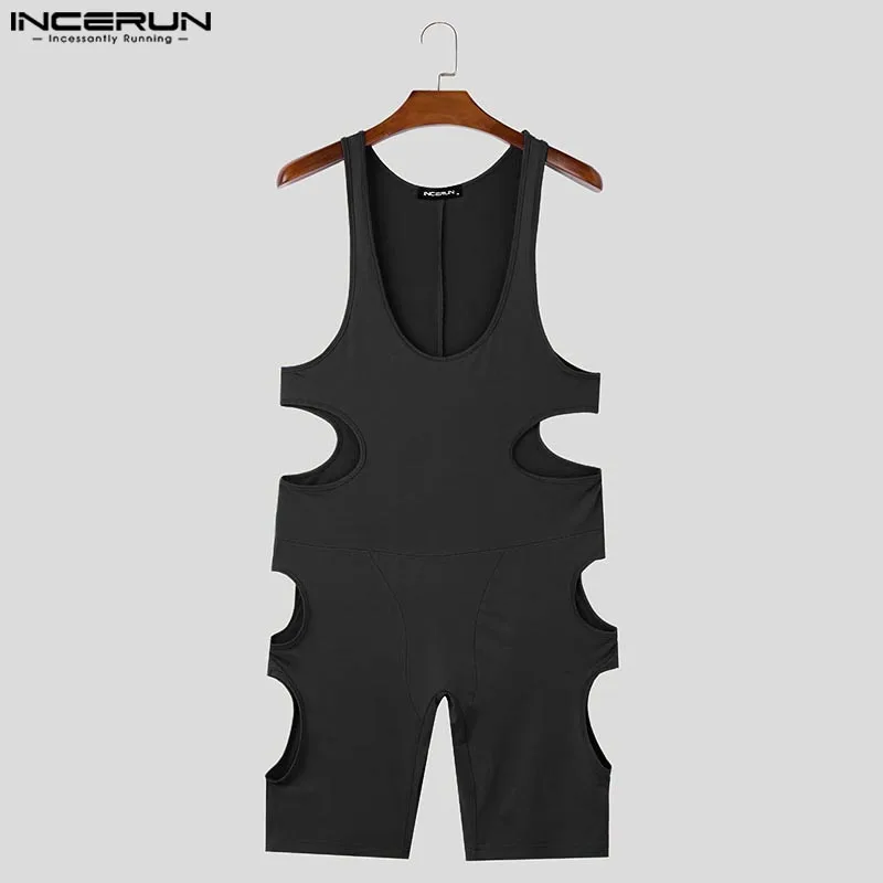 INCERUN Men Sleeveless Bodysuits 2025 Casual Hollow Out Comfortable Homewear Fashion Cozy Sexy Rompers Male Playsuits Bodysuit
