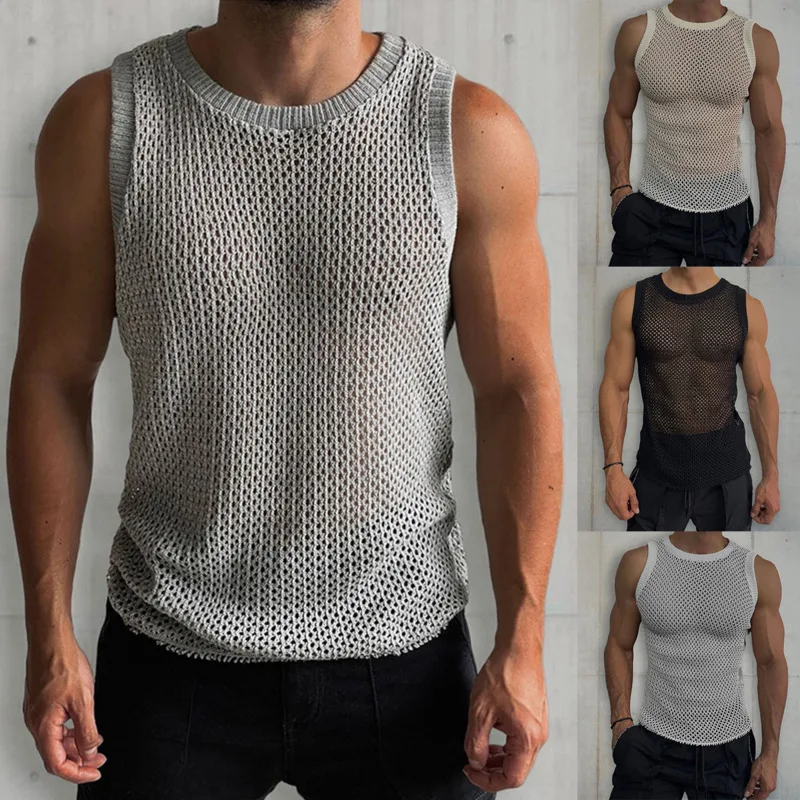 

Men's Sleeveless Fashion Sport Vest Fitness Breathable Knitted Mesh Tank Tops Men Summer Casual Solid Color Hollow Out Knit Vest