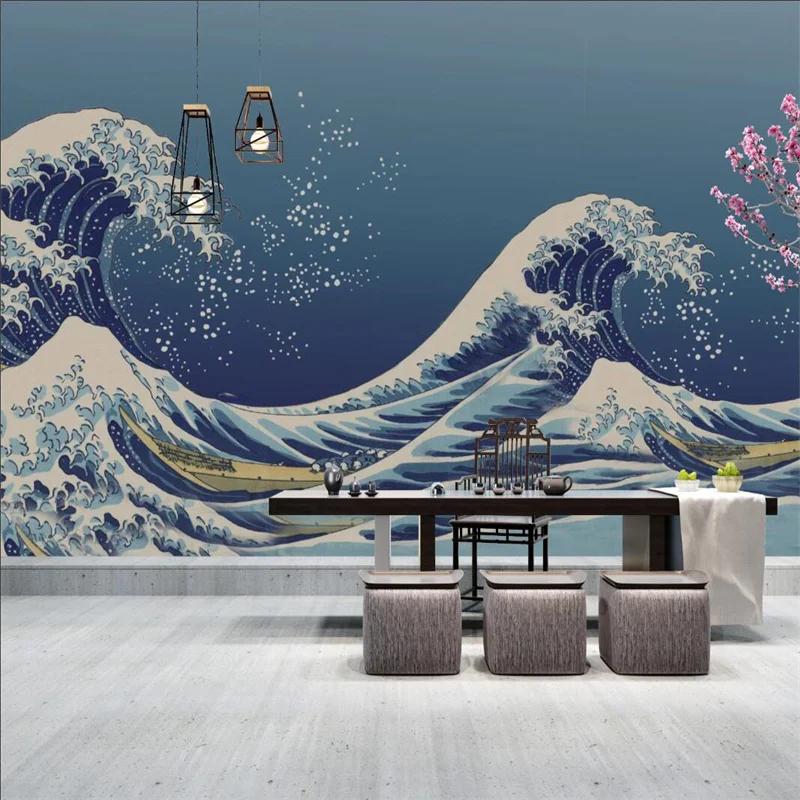 

Japanese Ukiyo-e Wave Blue Background Mural Wallpapers for Living Room Bedroom Sushi Restaurant Industrial Decor Wall Paper 3D