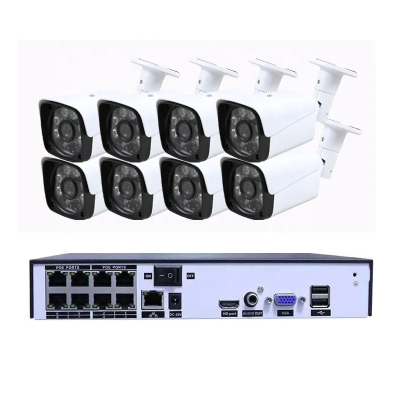 IP66 à prova d'água visão noturna infravermelha 4.0MP 5.0MP 8.0MP PoE Sistema de câmera de segurança IP O mais recente conjunto completo popular NVR Kit 8ch 4K
